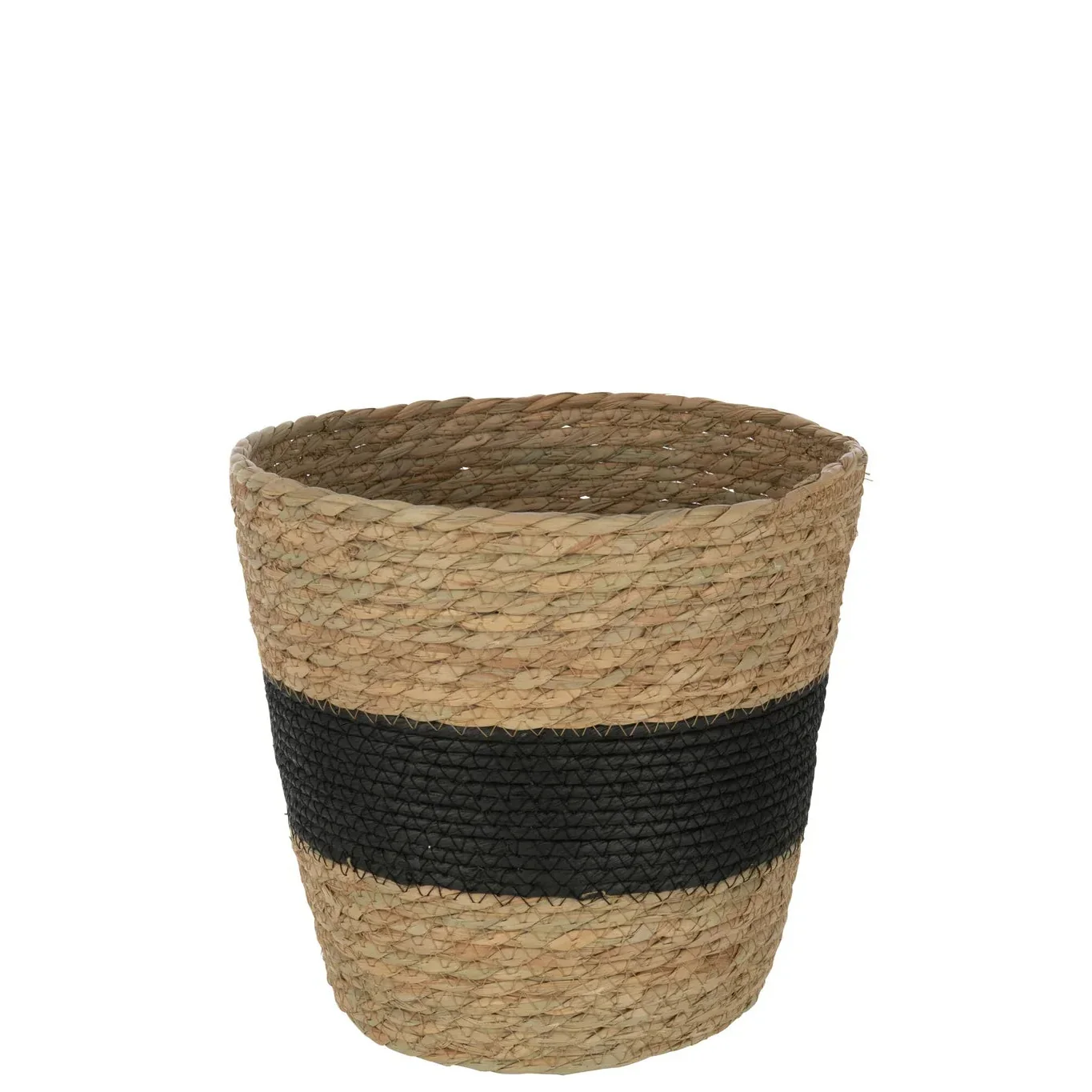 Mand – Rond – Met Streep+ Handvat – Riet – Naturel/ Zwart