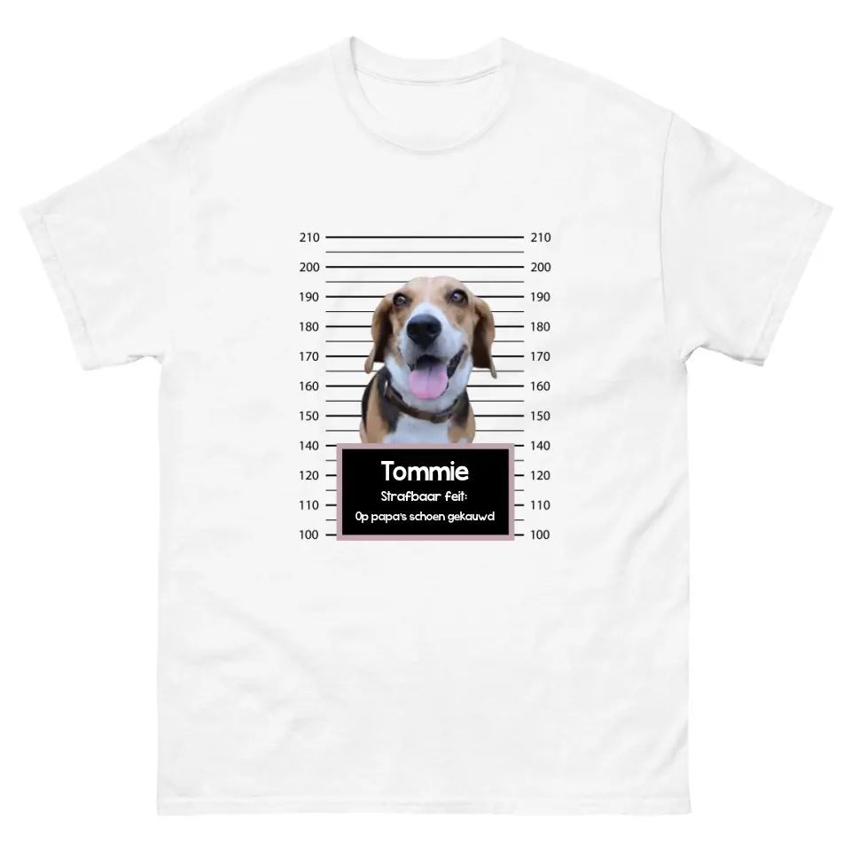 Gepersonaliseerd “mugshot” T-shirt – Boevenfoto van verdacht huisdier + strafbaar feit