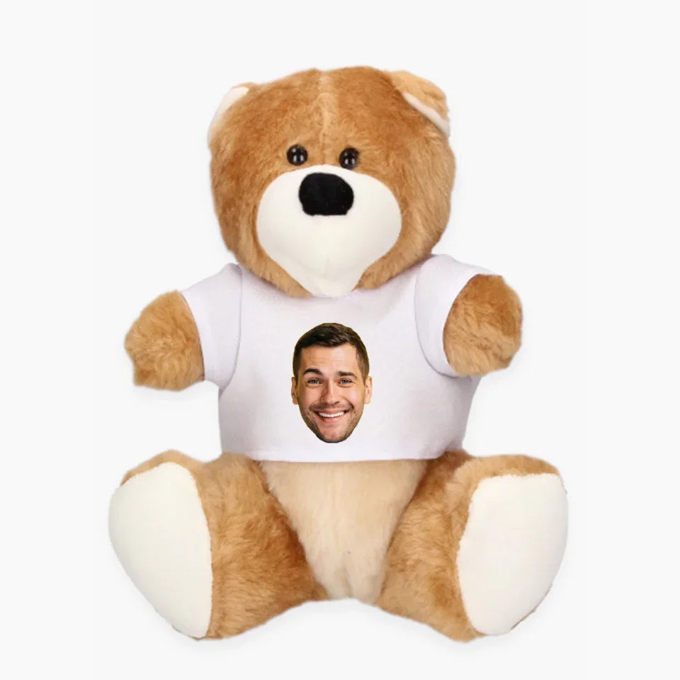 Teddybeer met foto uitgeknipt hoofd