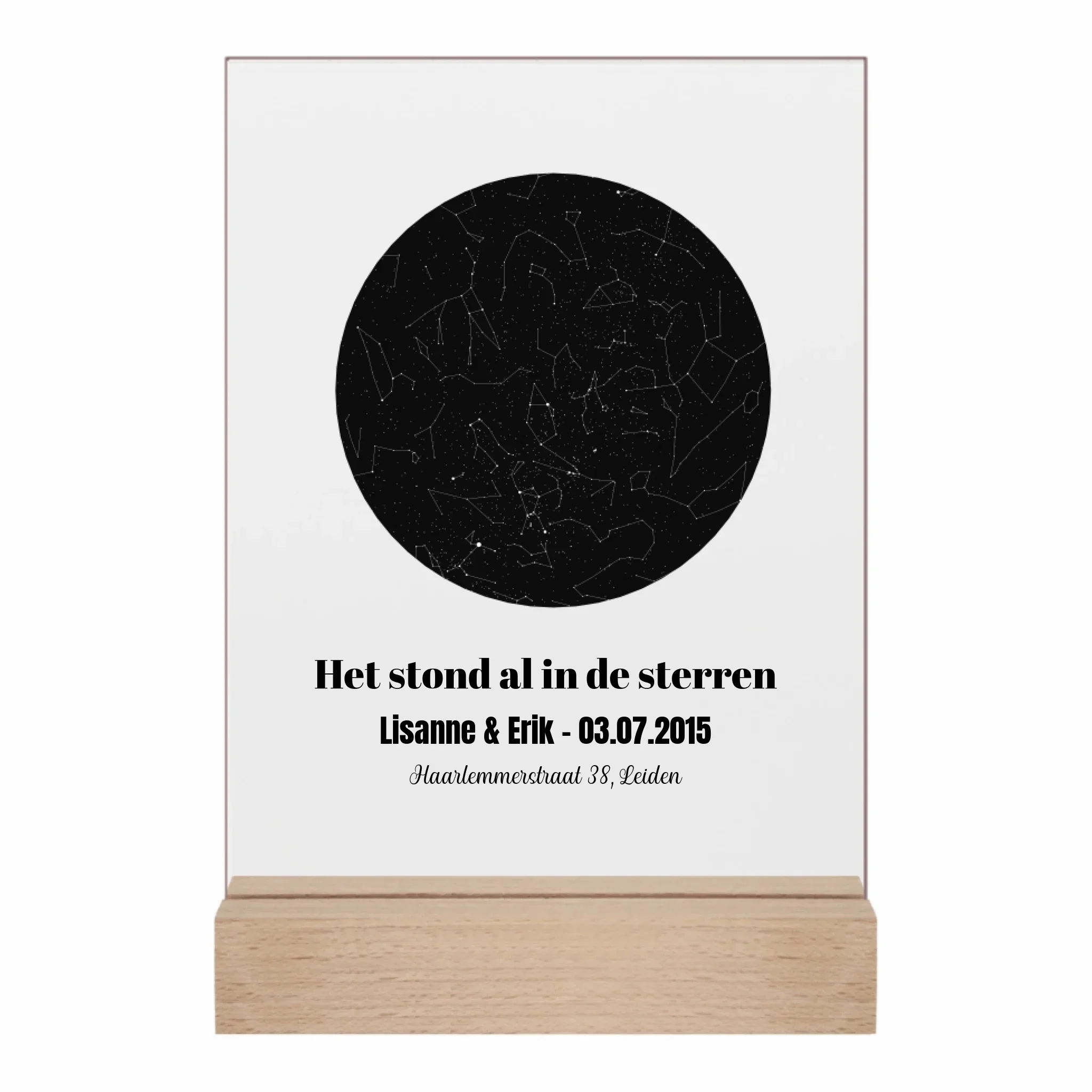 Gepersonaliseerd acrylglas met sterrenhemel van datum, tijdstip en locatie
