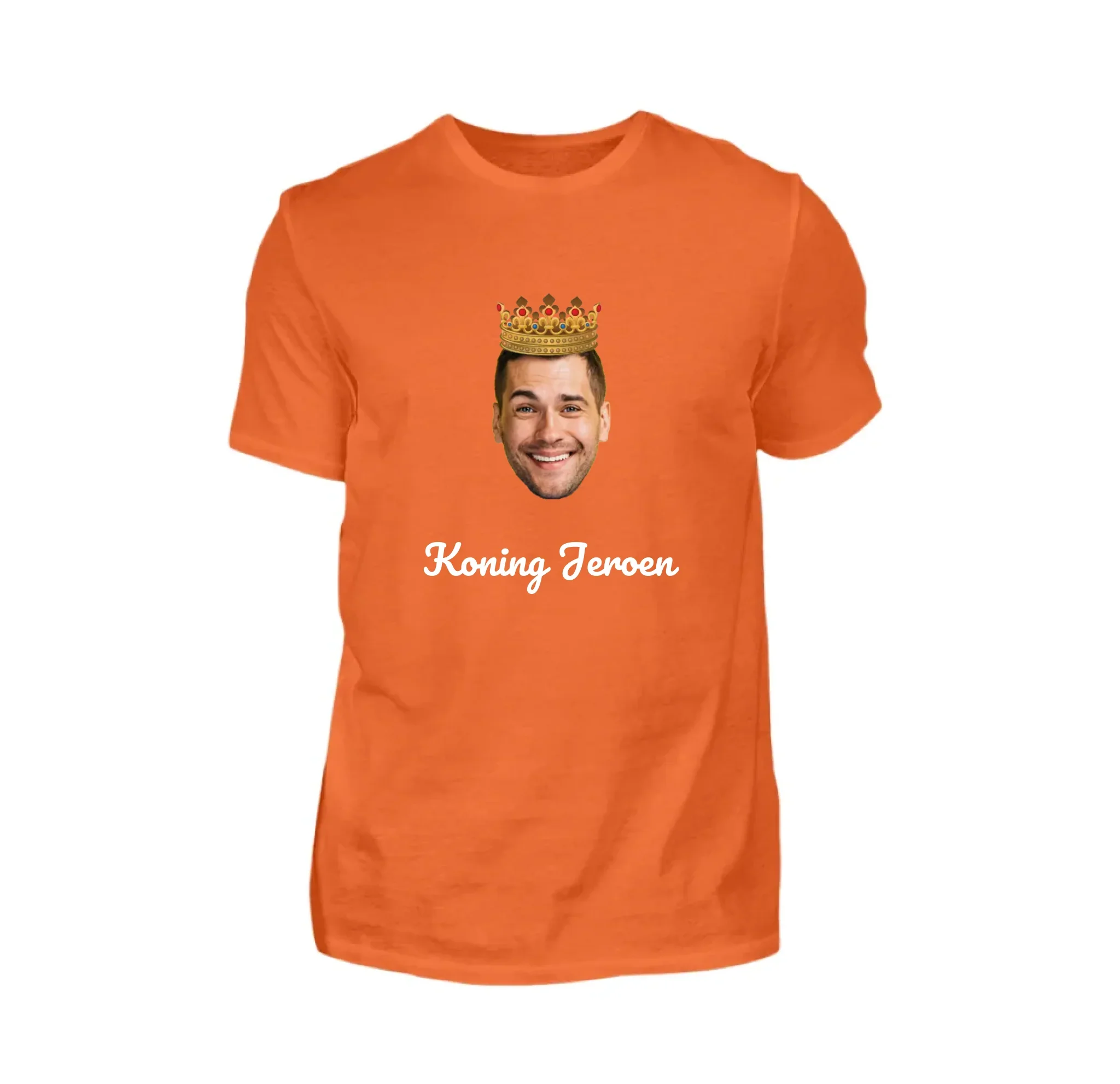 Gepersonaliseerd Koningsdag T-shirt Oranje – Hoofd met kroon en tekst