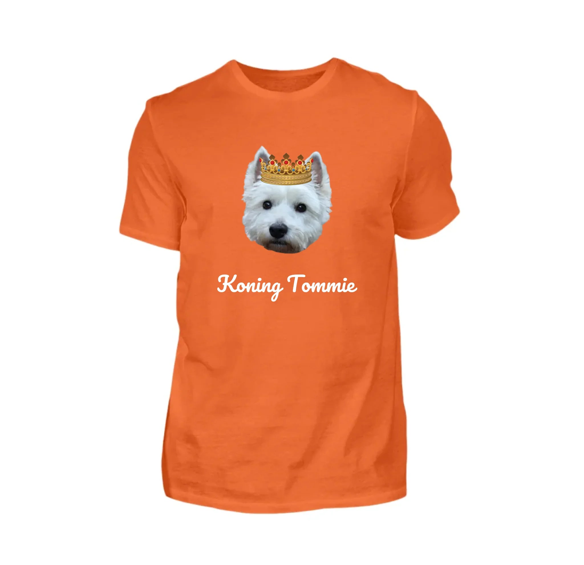 Gepersonaliseerd Koningsdag T-shirt Oranje – Huisdier met kroon en tekst