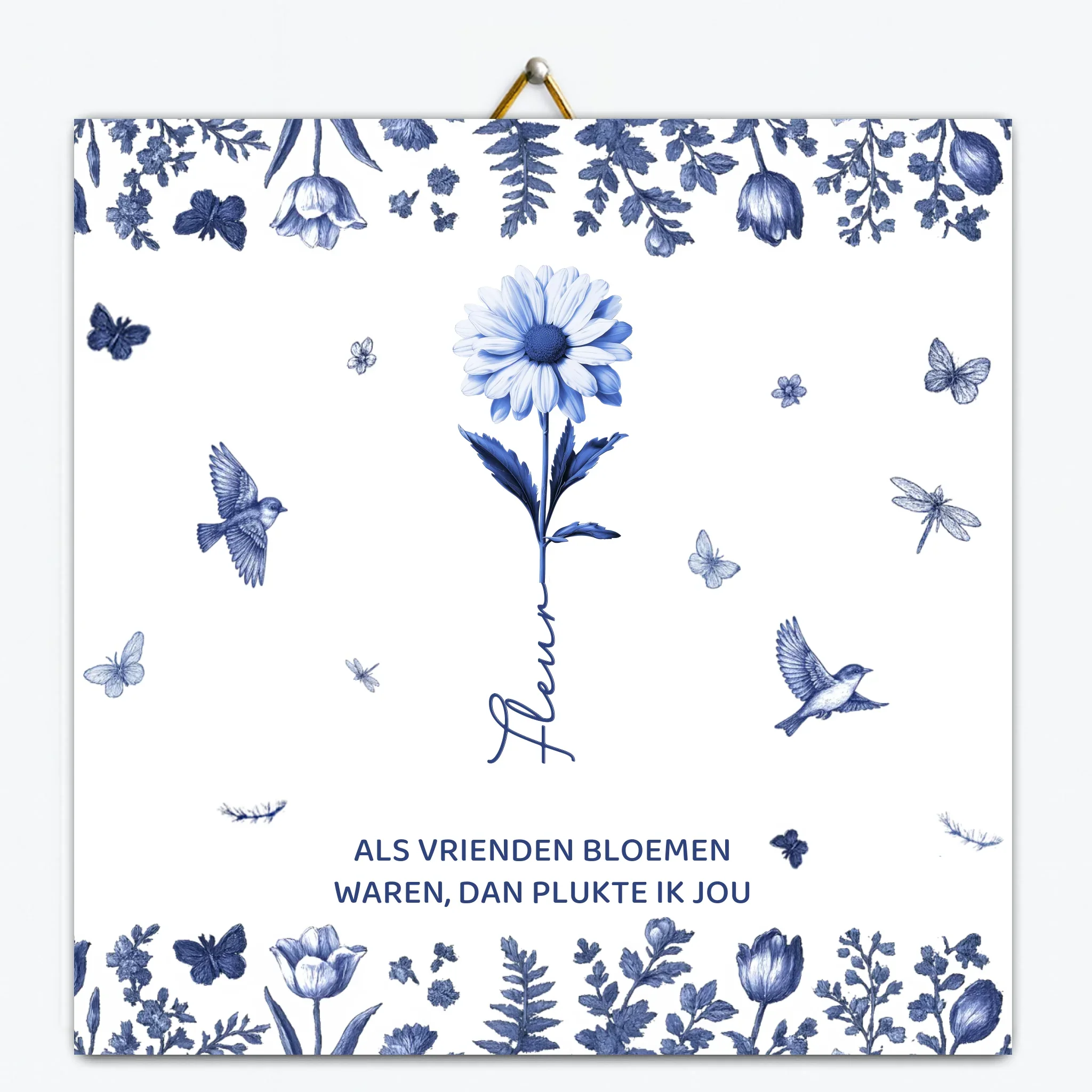 Gepersonaliseerd Delfts Blauw tegeltje met bloemen en namen