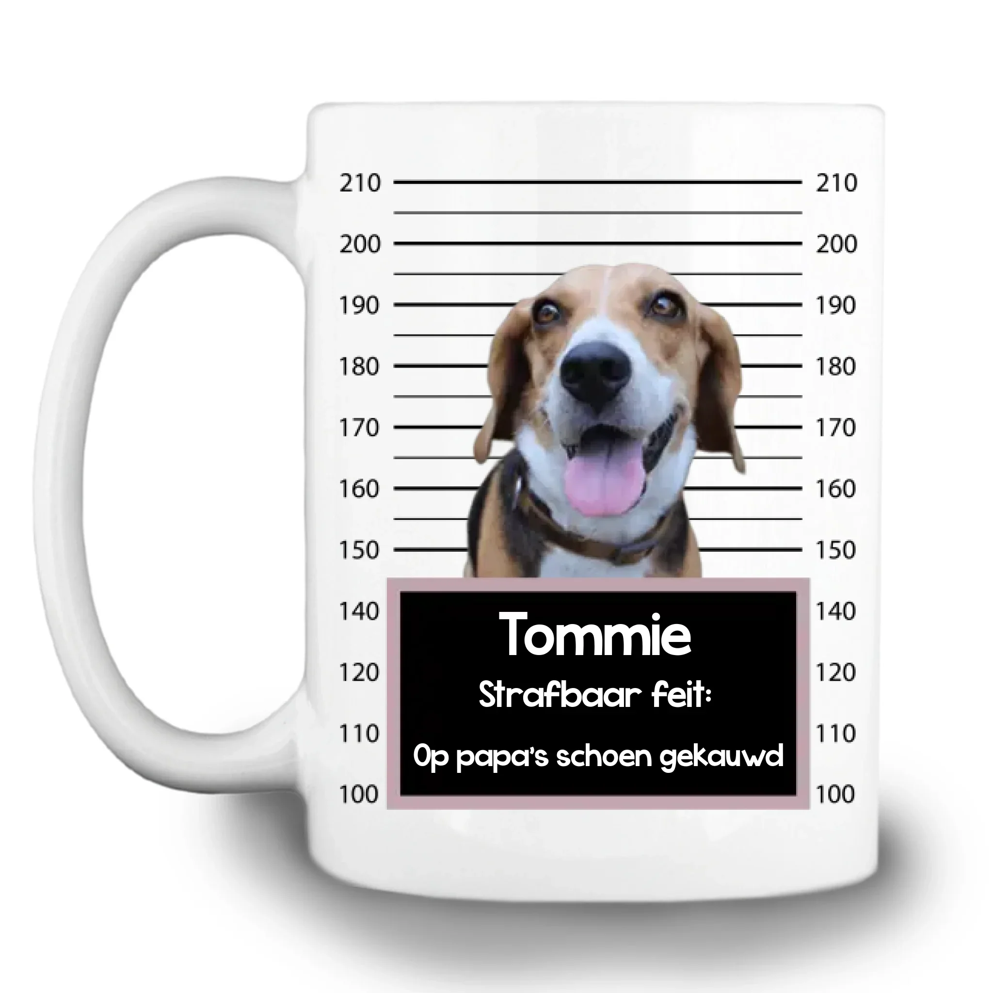 Gepersonaliseerde “mugshot” mok – Boevenfoto van verdacht huisdier + strafbaar feit