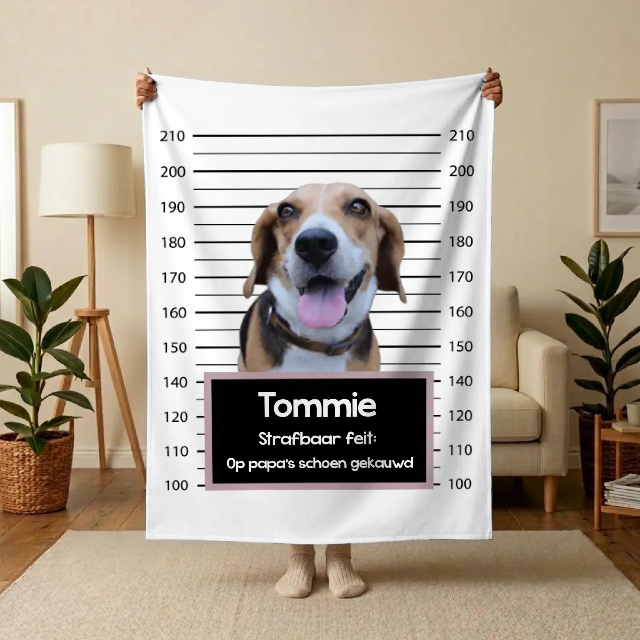 Gepersonaliseerde “mugshot” deken – Boevenfoto van verdacht huisdier + strafbaar feit