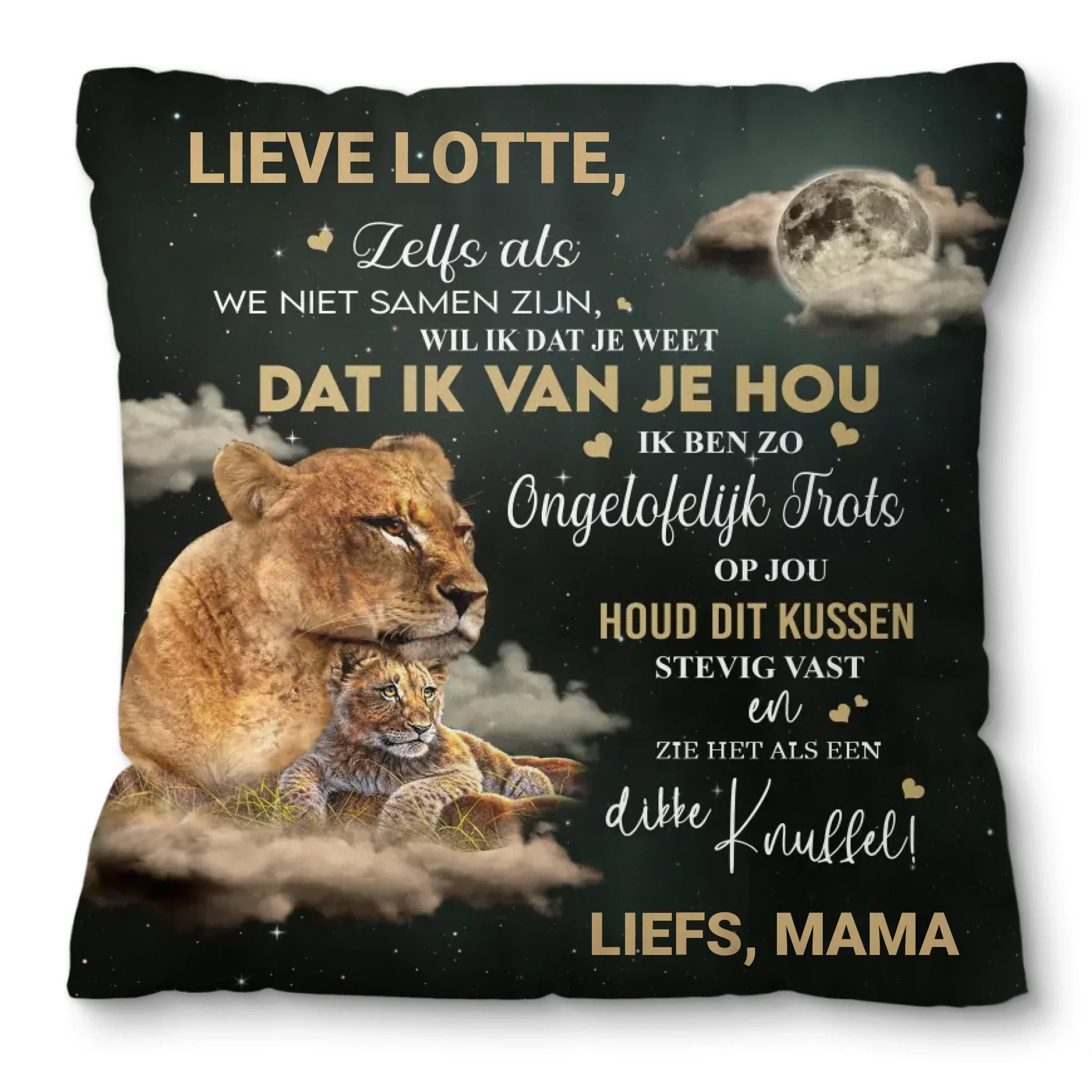 Gepersonaliseerd leeuwen kussen – Van moeder/oma of vader/opa aan (klein)dochter of (klein)zoon Gepersonaliseerd leeuwen kussen – Van moeder/oma of vader/opa aan (klein)dochter of (klein)zoon
