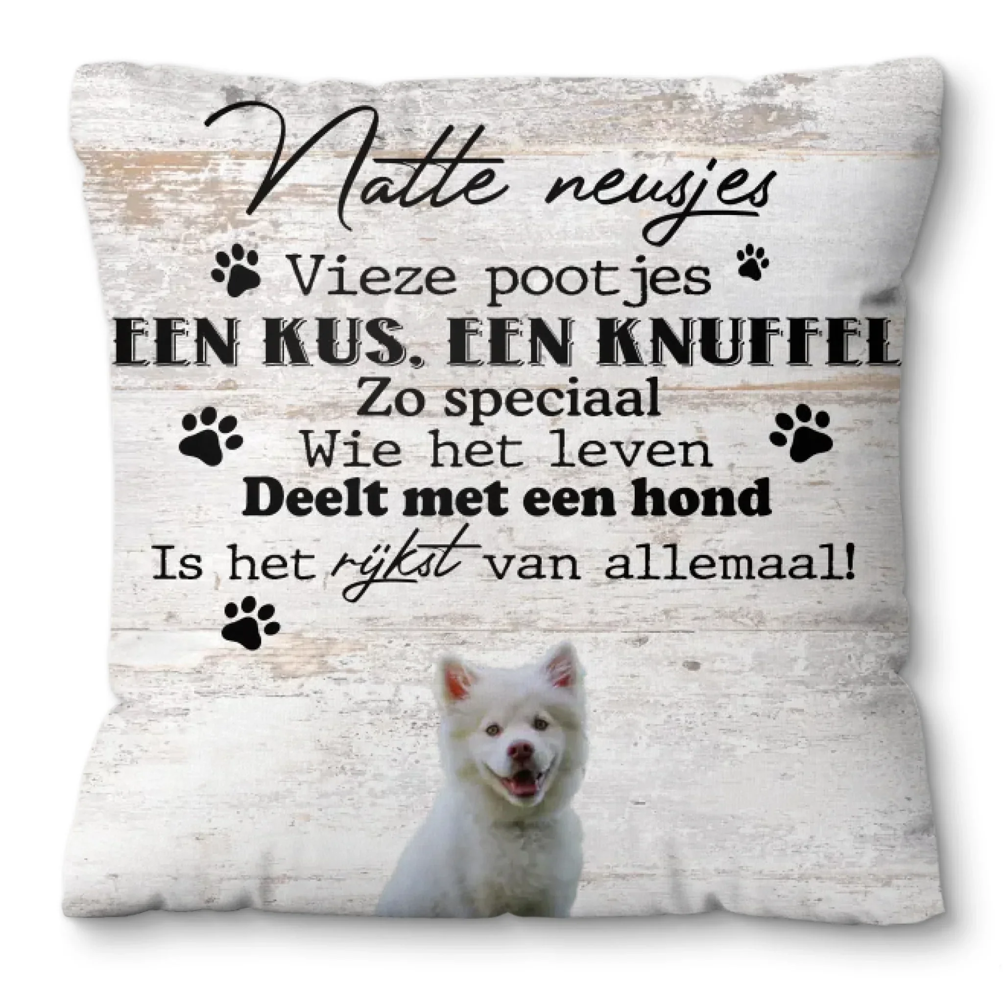 Gepersonaliseerd huisdieren kussen – “Natte neusjes, vieze pootjes” – Voeg tot 3 foto’s toe