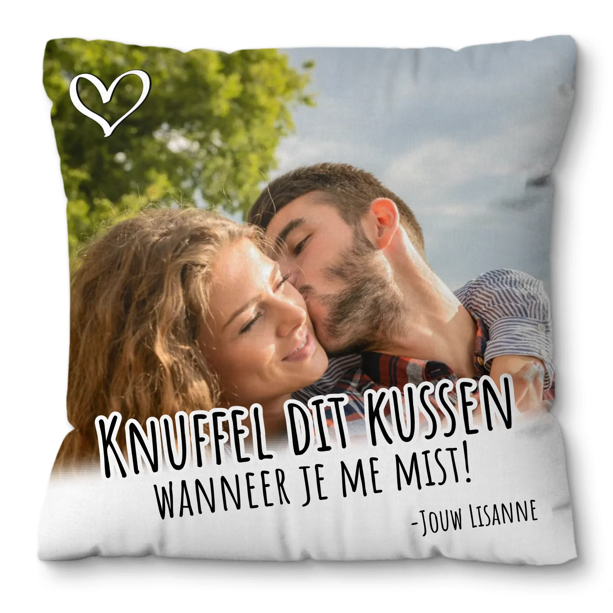 Foto kussen met tekst “Knuffel dit kussen wanneer je me mist”