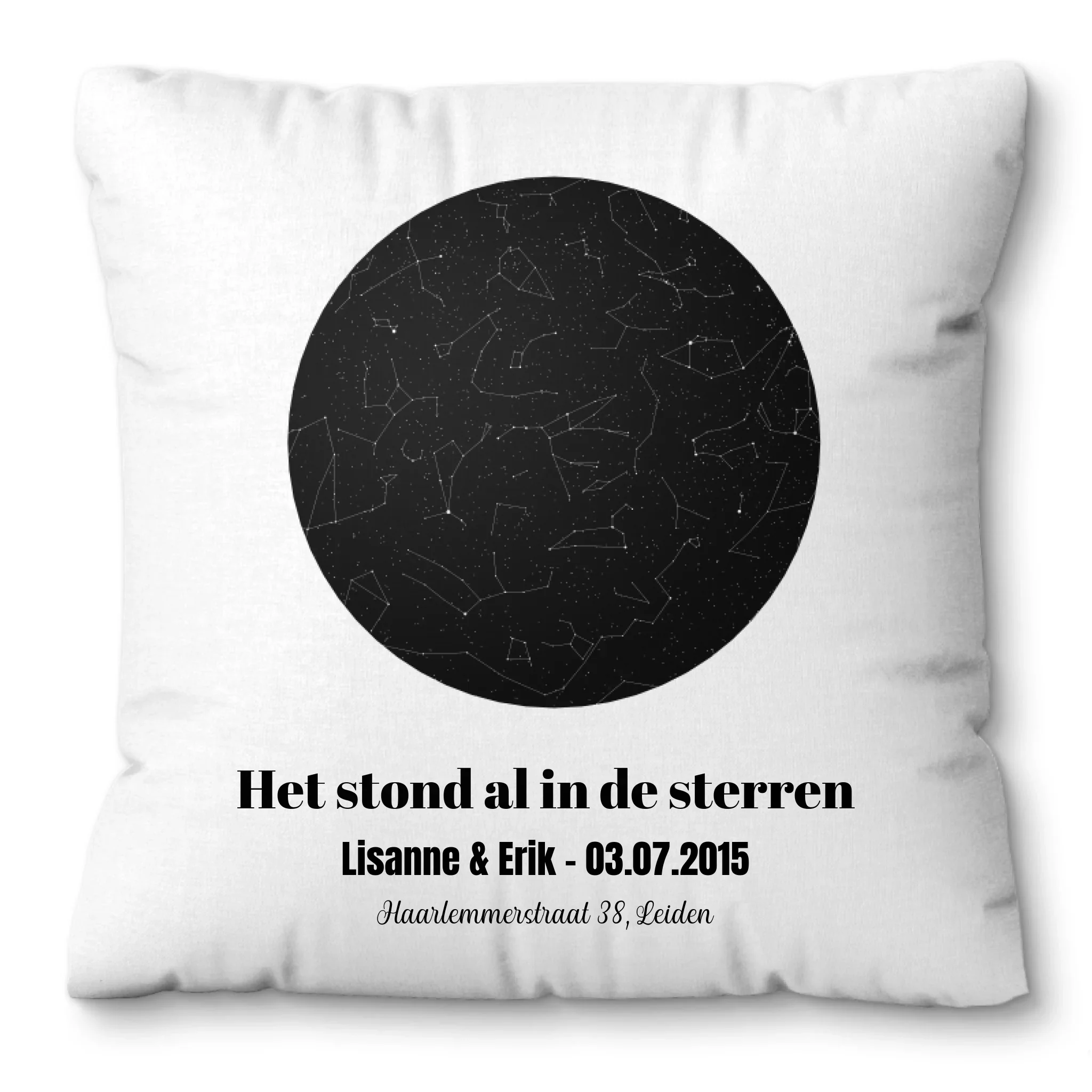 Gepersonaliseerd kussen met sterrenhemel van datum, tijdstip en locatie