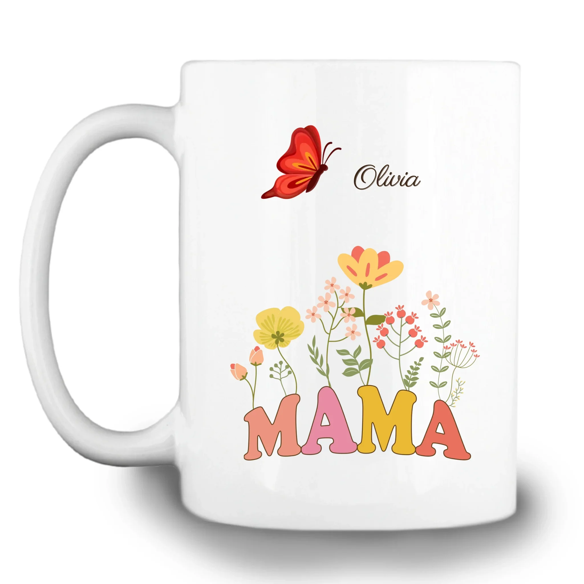 Gepersonaliseerde mok – Mama en kinderen, bloemen en vlinders