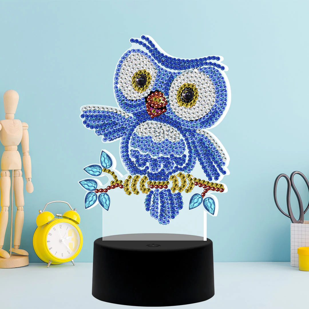 Diamond Painting Staande Lampje – Blauwe Uil