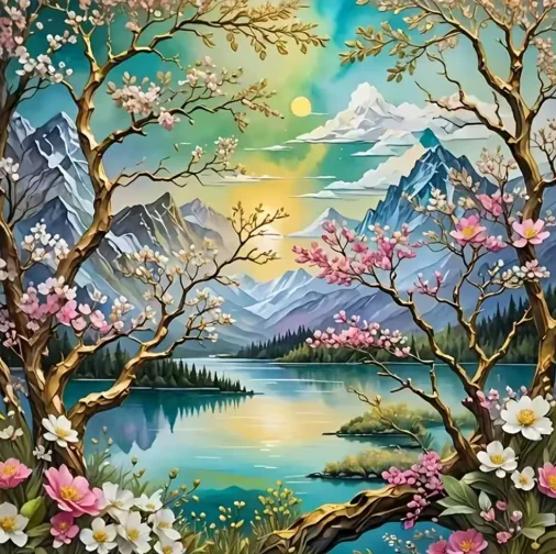Berglandschap met Kersenbloesems Berglandschap met Kersenbloesems