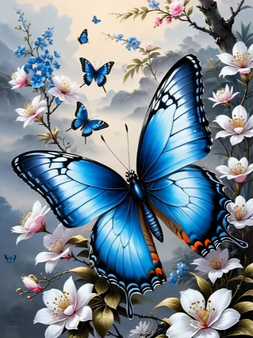 Blauwe Vlinders met Bloemen