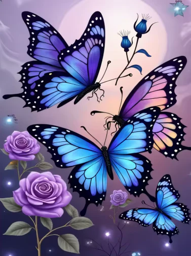 Blauwe Vlinders met Paarse Rozen Blauwe Vlinders met Paarse Rozen