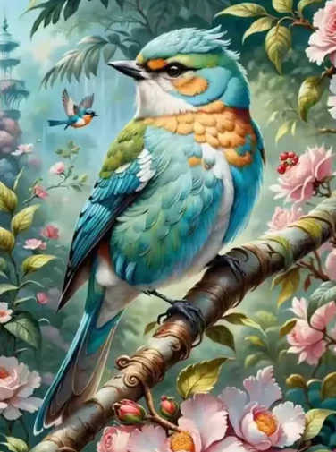 Blauwe Vogel tussen de Bloemen Blauwe Vogel tussen de Bloemen