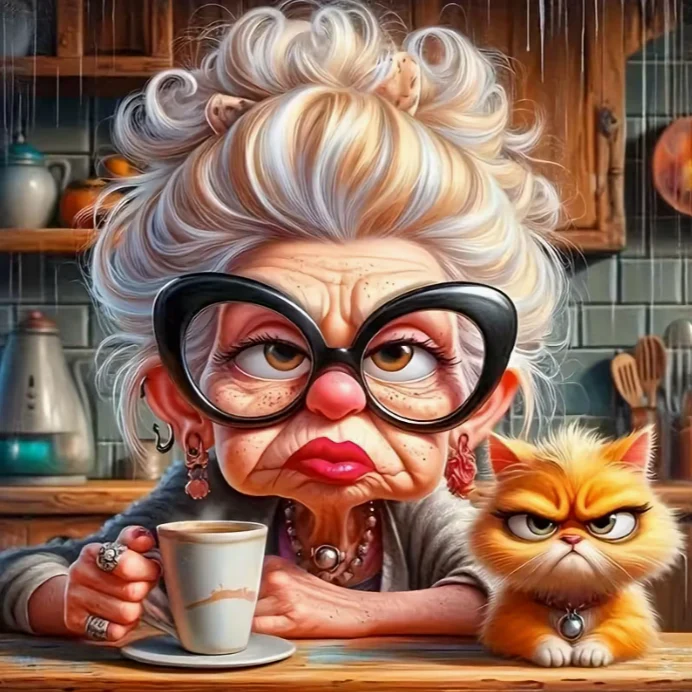 Chagrijnige Oma met Kat Chagrijnige Oma met Kat