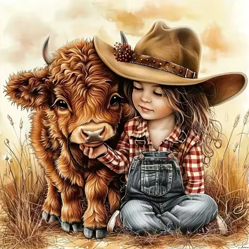Cowboy Meisje met Schotse Hooglander