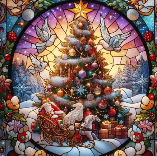 Glas-in-Lood Versierde Kerstboom Glas-in-Lood Versierde Kerstboom