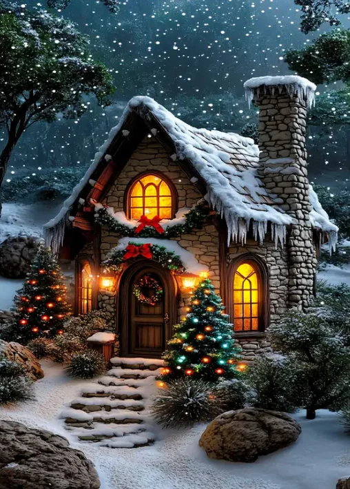 Huis met Kerstbomen in de Sneeuw