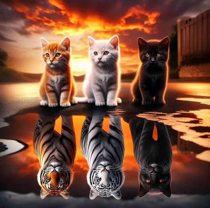 Kittens weerspiegeld als Tijgers Kittens weerspiegeld als Tijgers