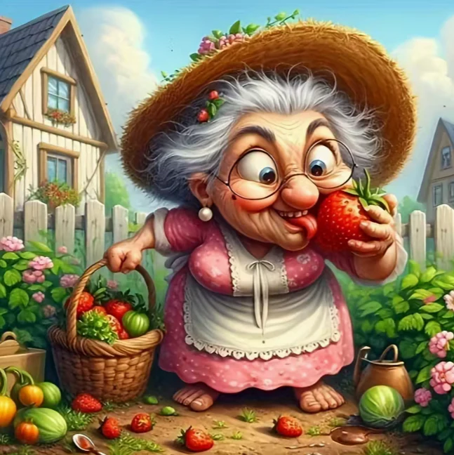 Oma likkend aan een Aardbei Oma likkend aan een Aardbei