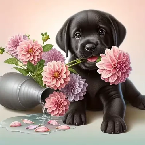 Puppy met Omgevallen Vaas Puppy met Omgevallen Vaas