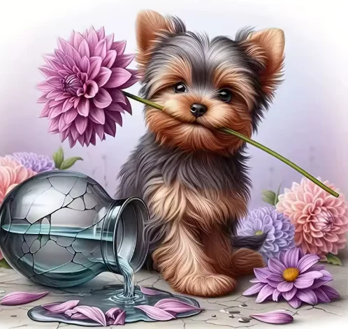 Puppy met Paarse Bloem Puppy met Paarse Bloem