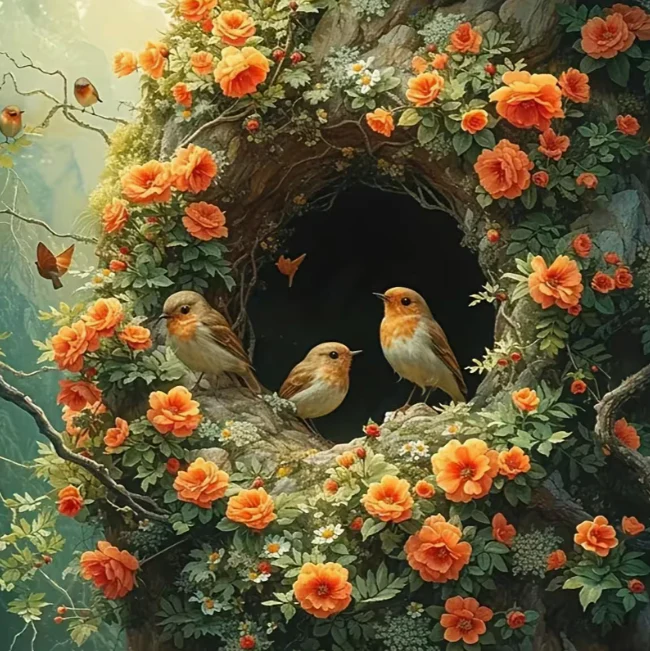 Roodborstjes tussen de Bloemen Roodborstjes tussen de Bloemen