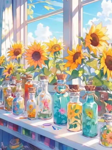 Zonnebloemen in het Raam