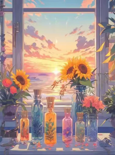 Zonnebloemen met Zonsondergang