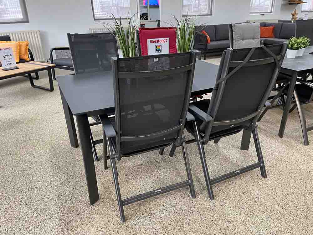 4 Kettler Basic verstelbare stoelen incl. kussens SHOWSET 1 Kettalux leisteenlook Edge tafel 160×95 cm