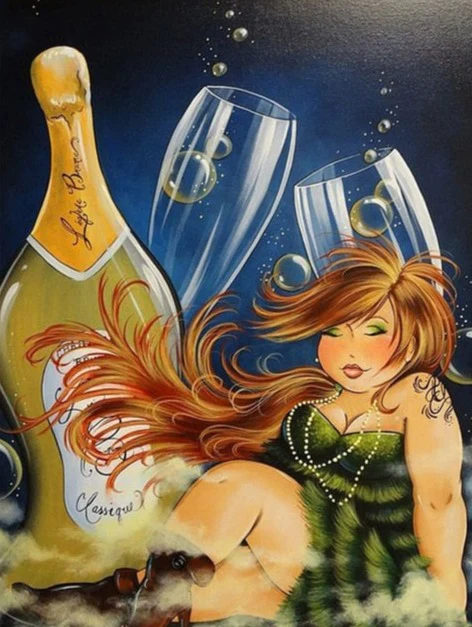 Mollige Dame met Grote Champagnefles