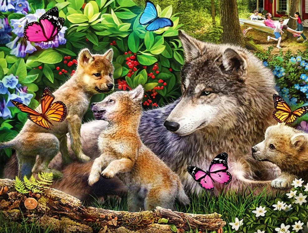 Wolf met Spelende Welpjes Wolf met Spelende Welpjes