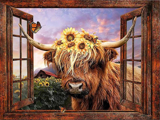 Schotse Hooglander met Zonnebloemen Schotse Hooglander met Zonnebloemen