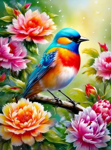 Vogel tussen de Pioenrozen Vogel tussen de Pioenrozen