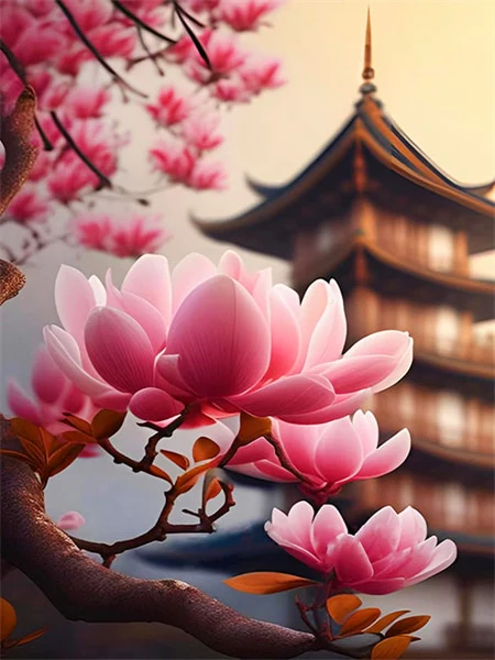 Roze Magnolia met Tempel