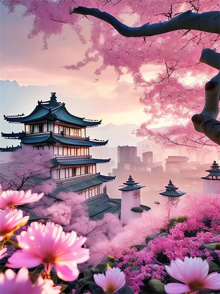 Tempel met Roze Bloesems Tempel met Roze Bloesems