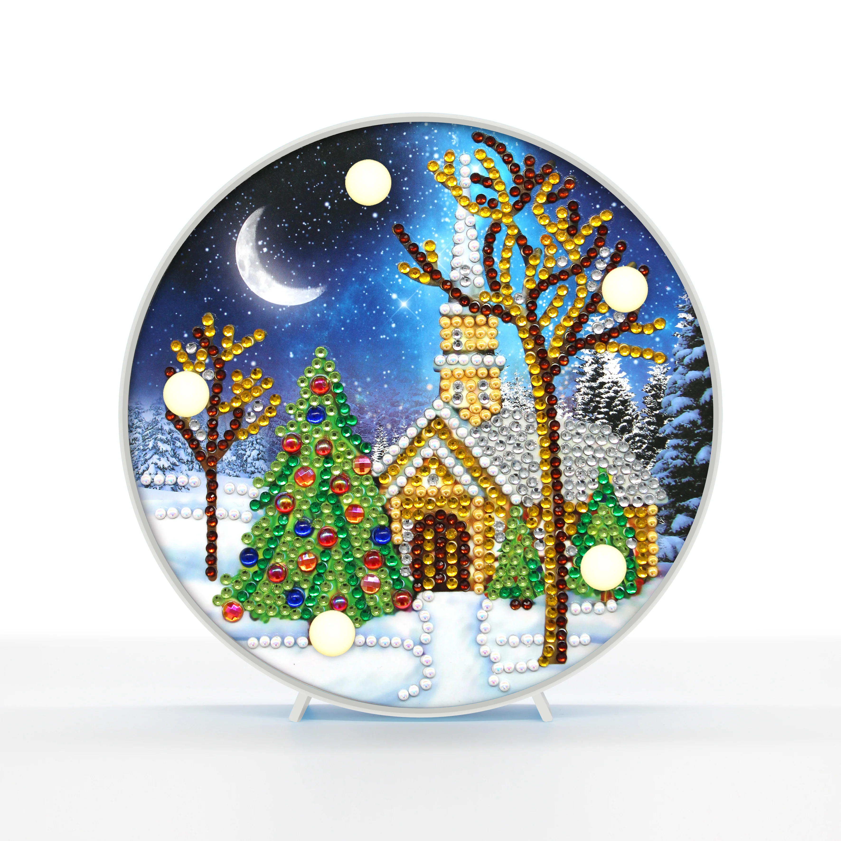 Diamond Painting Ronde Lampje – Kerstboom met Kerk Diamond Painting Ronde Lampje – Kerstboom met Kerk