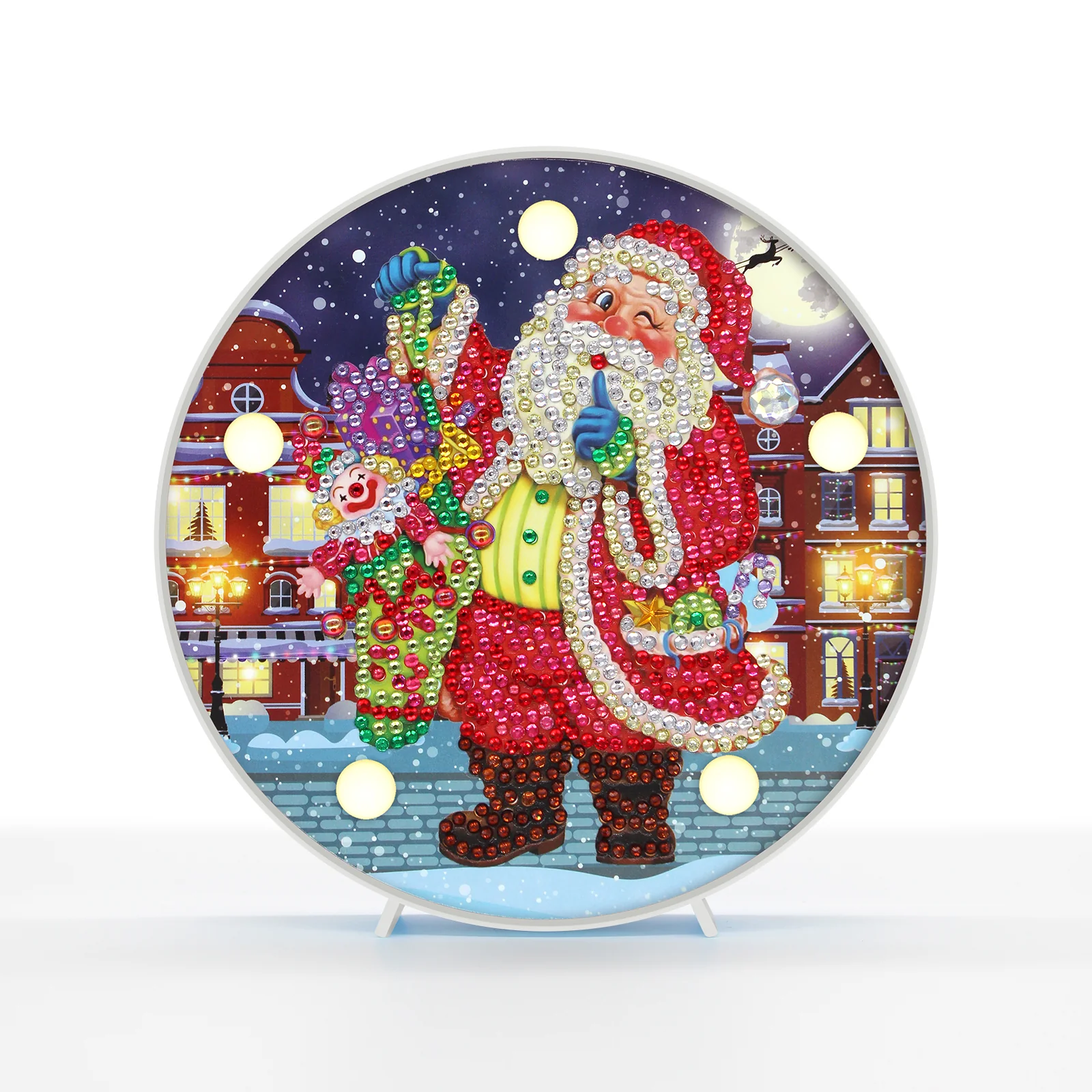 Diamond Painting Ronde Lampje – Kerstman met Speelgoed Diamond Painting Ronde Lampje – Kerstman met Speelgoed