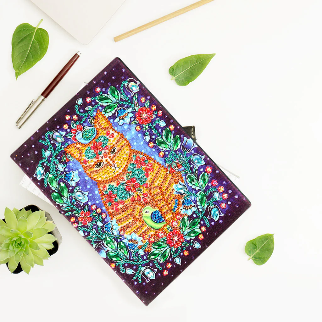 Diamond Painting Notitieboek – Kat met Bloemen
