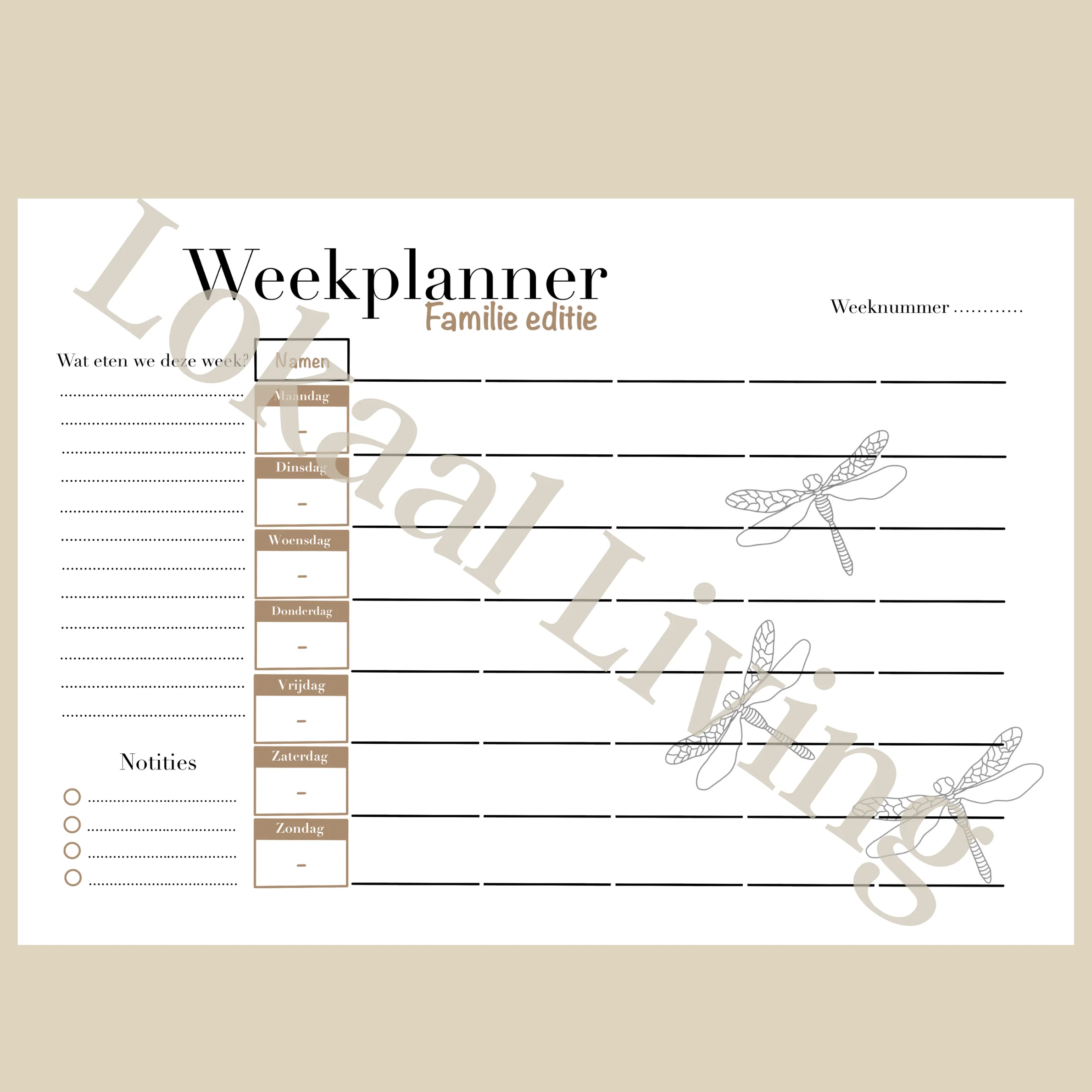 Familie weekplanner Libelle (printable)