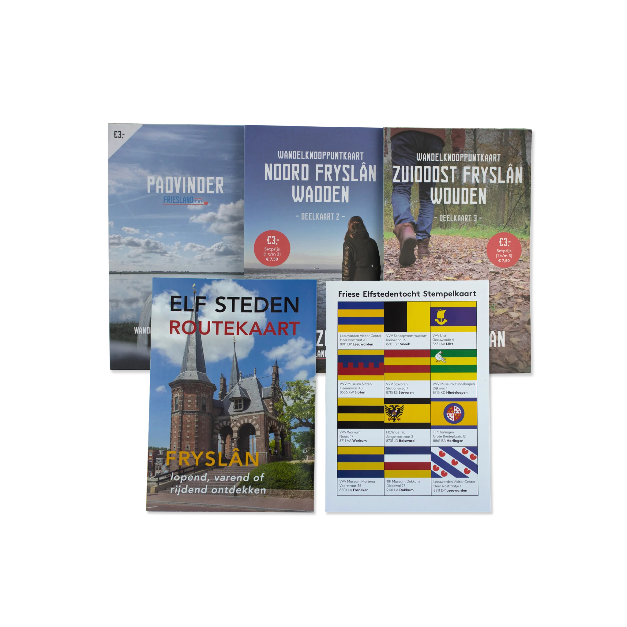 Bundel van drie wandelkaarten, Elfstedenroutekaart en stempelkaart