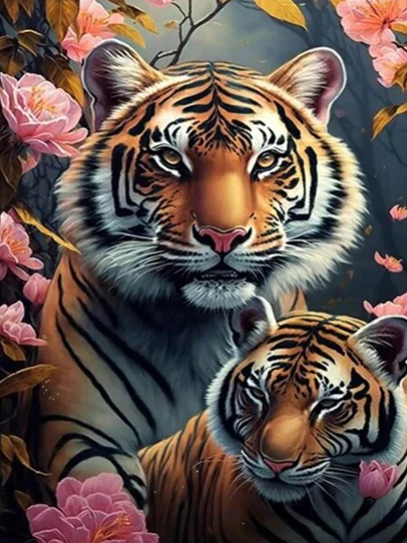 Tijger met Welp en Bloemen Tijger met Welp en Bloemen